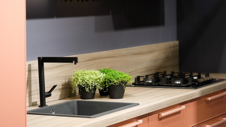 peach and gray kitchen