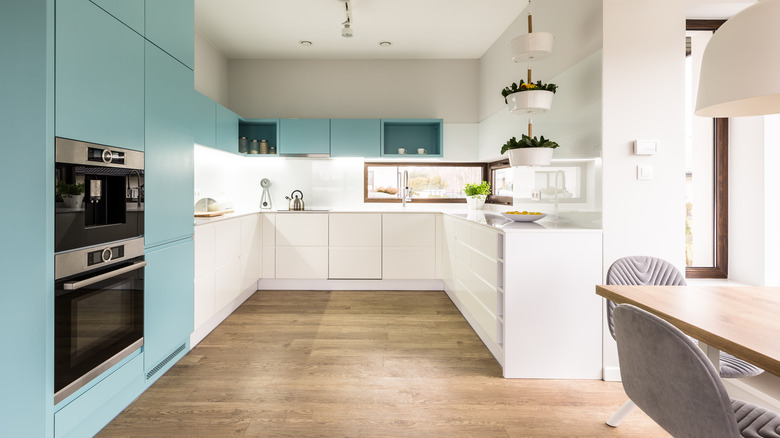 kitchen with turquoise cabinets