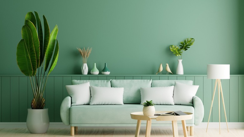 Living room with green couch
