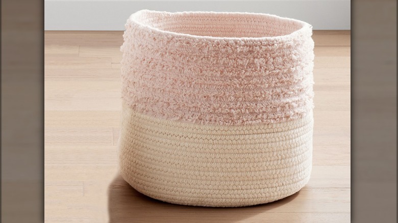 Pink shaggy storage bin