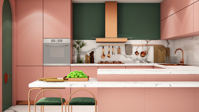 Pink and green kitchen