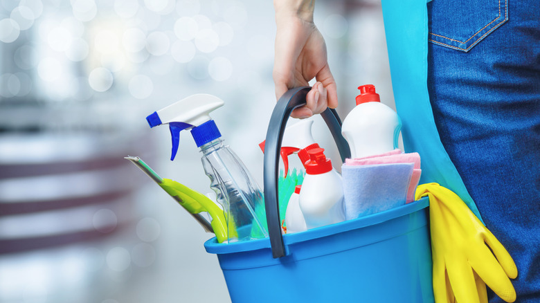 person holding cleaning supplies