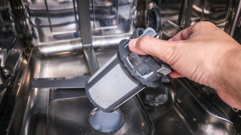 person removing dishwasher filter