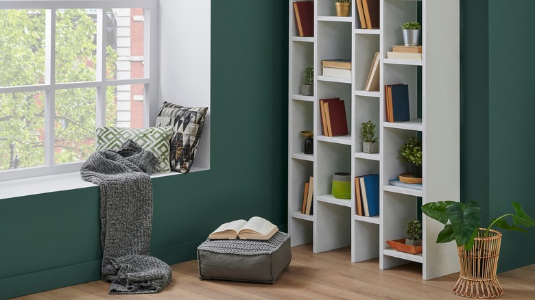 unique white bookshelf in corner