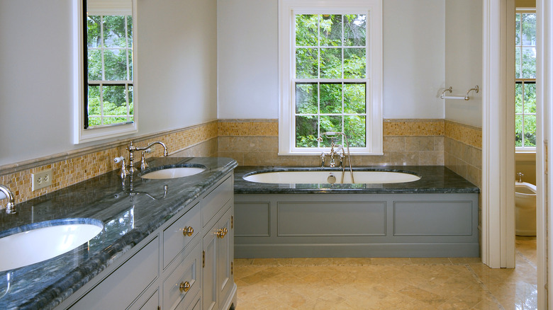 green marble in beige bathroom