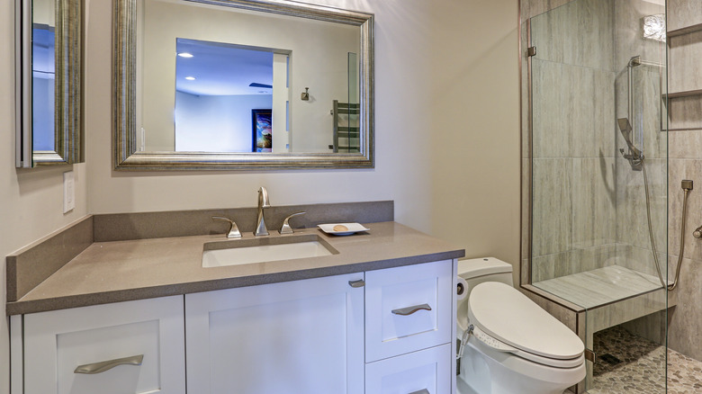 warm gray countertop in bathroom