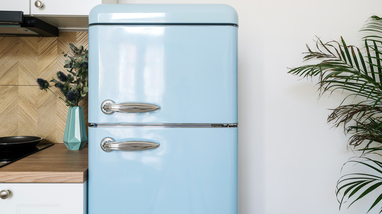 Vintage enameled blue fridge