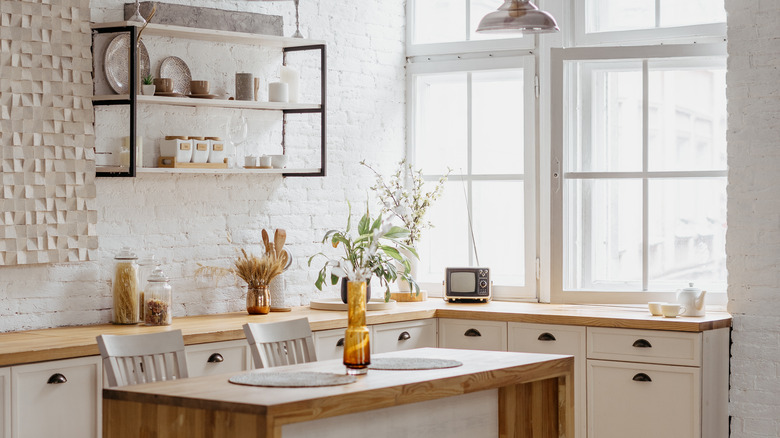 white brick textured kitchen wall