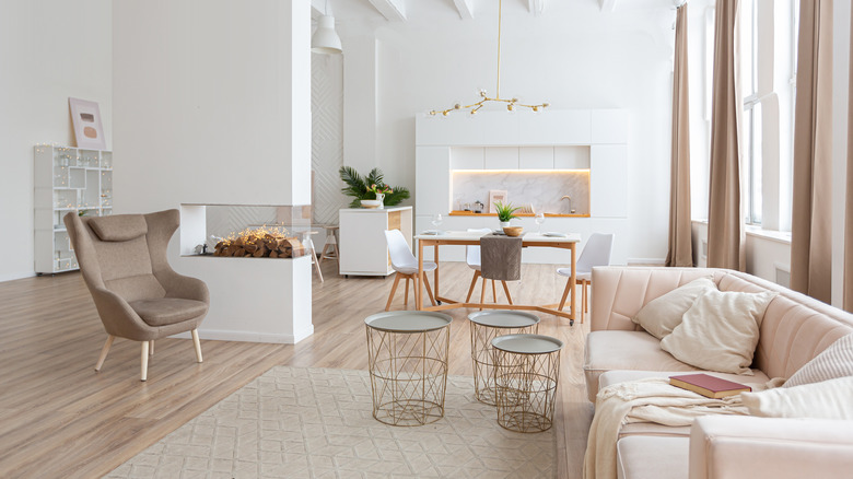 living room with blonde wood