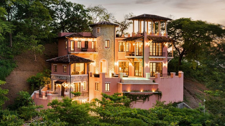 pink mansion surrounded by trees