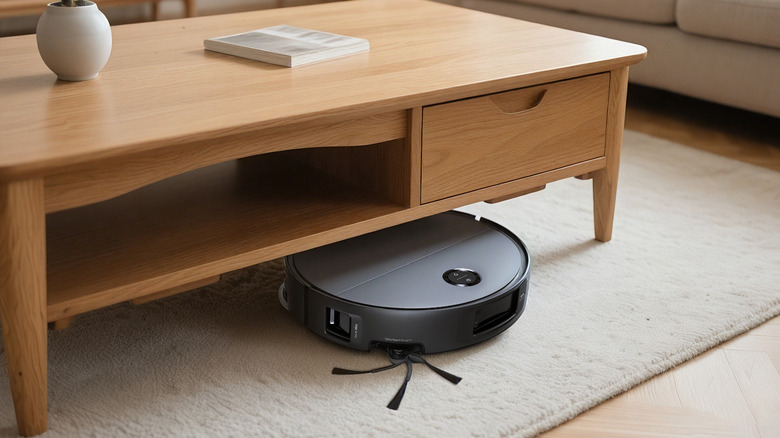 A robot vacuum cleaning under a wood coffee table