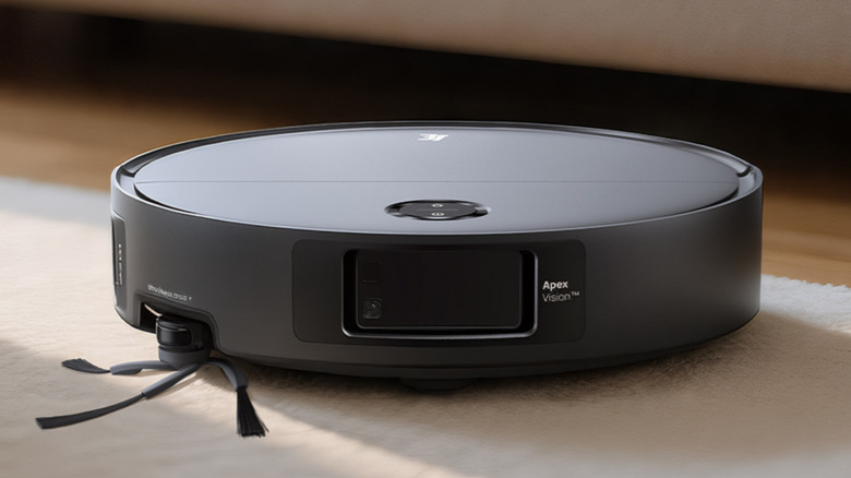 A 3i Q10 Ultra robot vacuum sitting on a rug by a couch