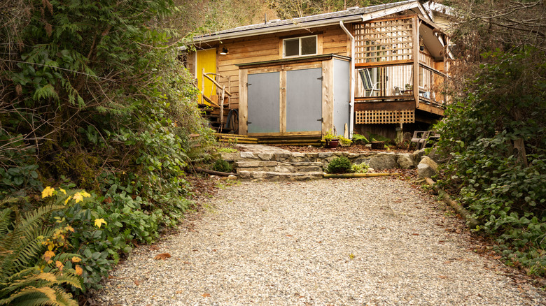Large gravel driveway approaching a cabin