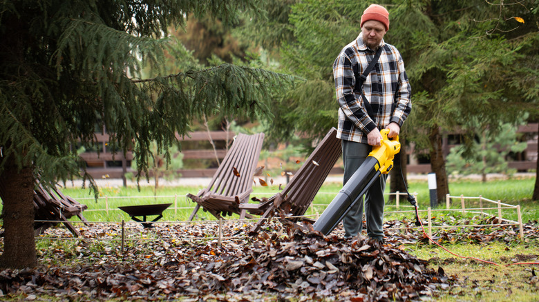 Man using a handheld leaf blower to make leaf pile