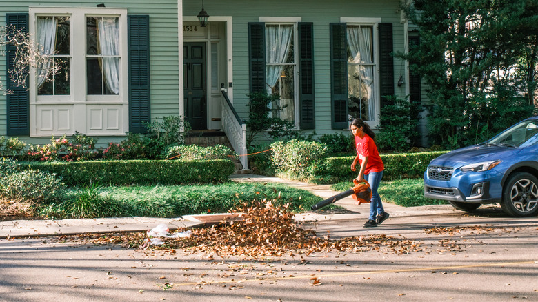 Person using battery-powered leaf blower in front of property