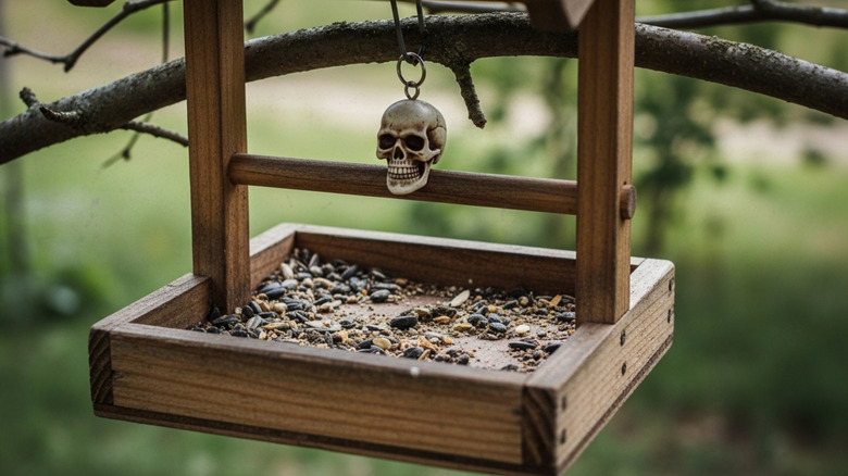 a wooden bird feeder hanging from a branch with a droppings-covered seed tray