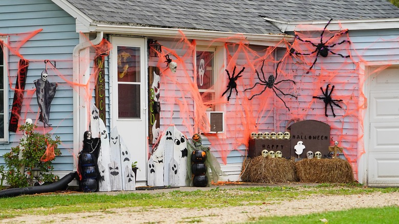 pink spider webs on house