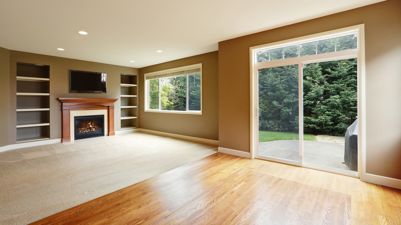 living room with bookshelves