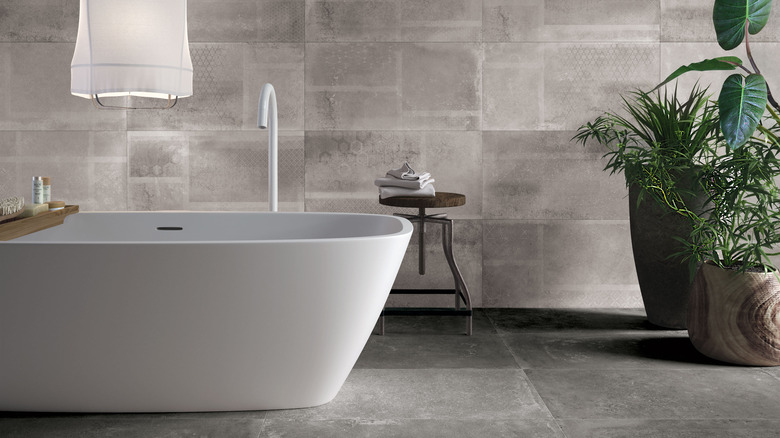 Gray and white bathroom with plant