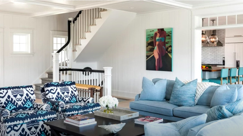 blue and white living room