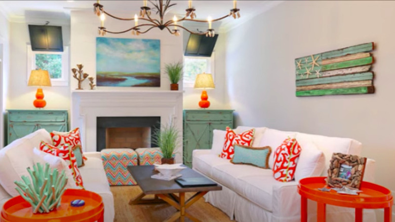 turquoise and coral living room