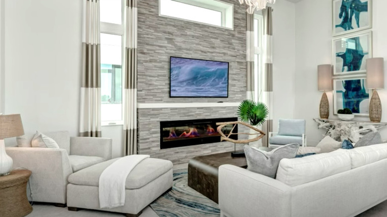 living room with tall ceilings