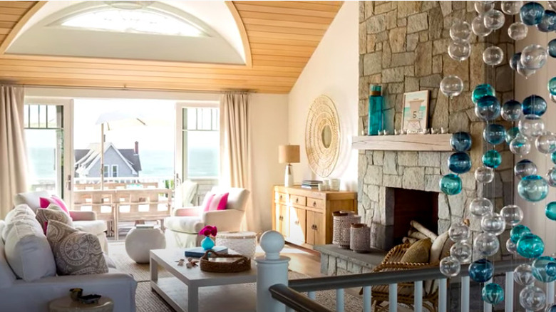 beachy living room with fireplace