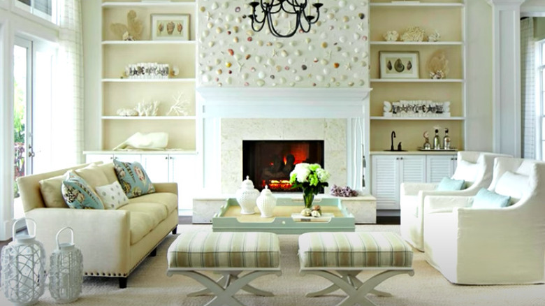 cream-colored living room with fireplace