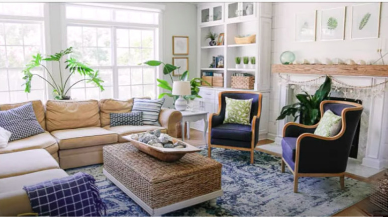 beachy living room with fireplace