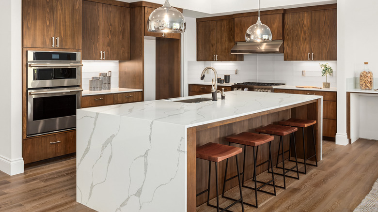 White marble waterfall countertop
