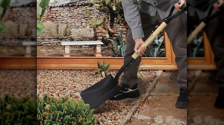 A Koleiya shovel being used to maintain pea gravel in a garden path.