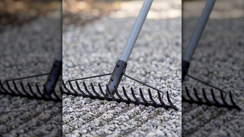 The short-tine side of the Walensee rake being used to spread gravel on a driveway.