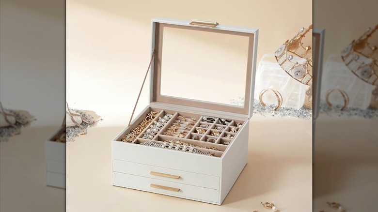 SONGMICS jewelry box organizer in white, with lid open