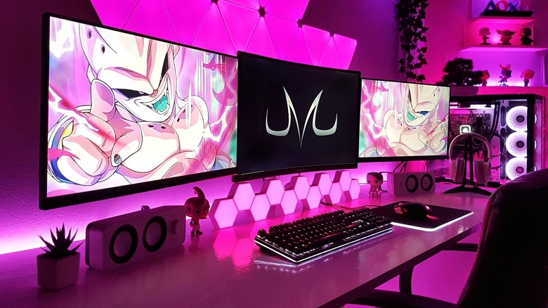 Computer setup with pink lights