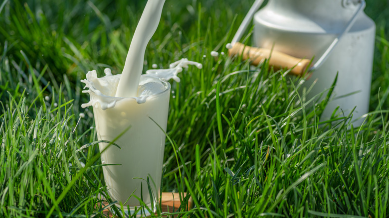 milk splashing into glass outside