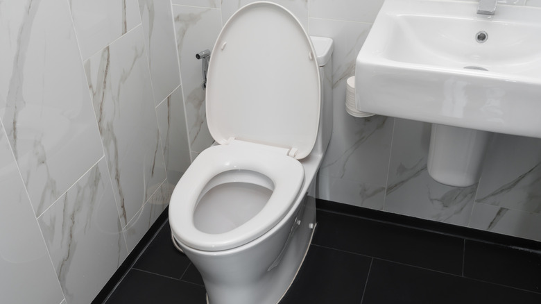 White toilet and sink inside of a bathroom decorated with grey and white marbled tile