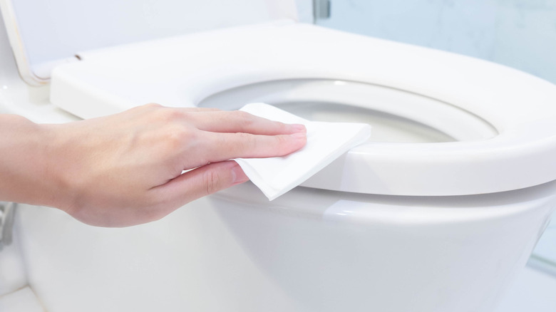 Hand running a cloth along the seat of a toilet