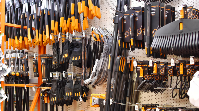 Fiskars garden tools on a store shelf