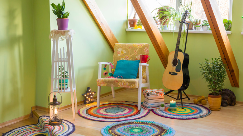 Room with multiple patterned textiles