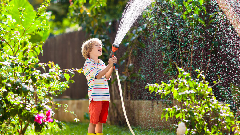 Boy child watering plant