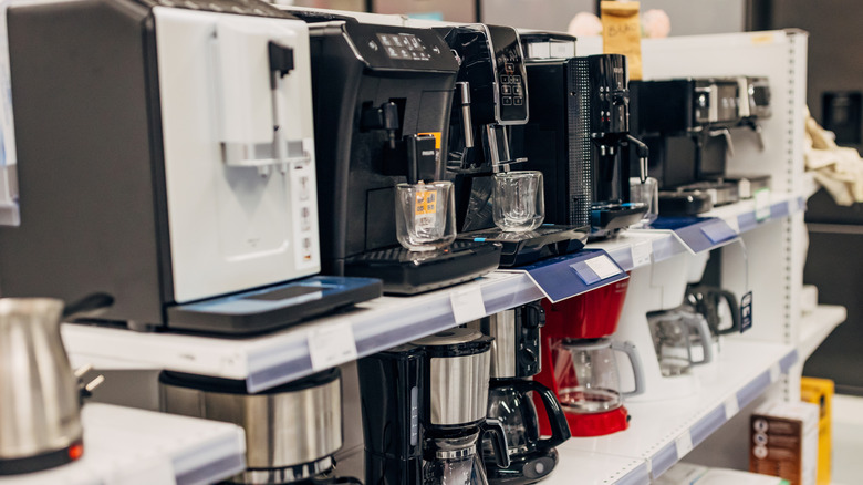 Coffee makers on a store shelf