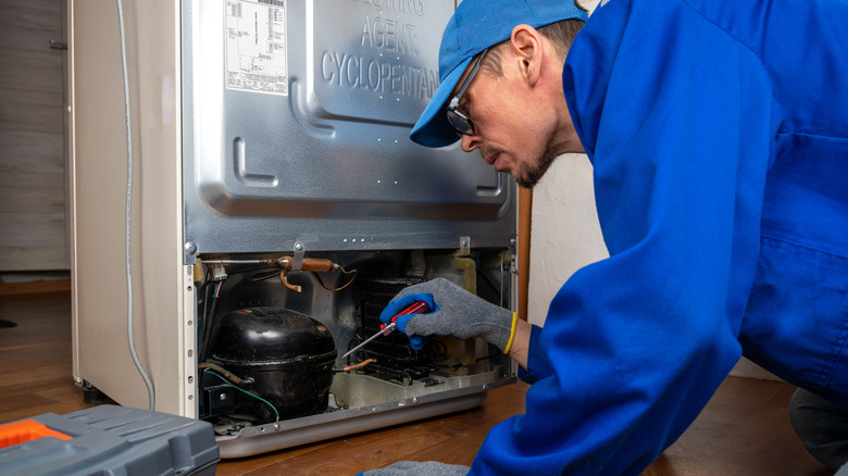 A technician is looking at a fridge's compressor