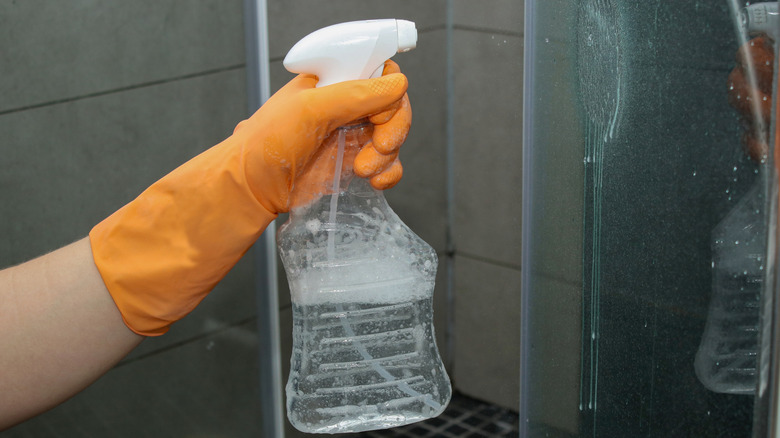 A person spraying a shower door