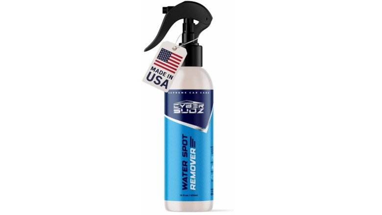 A bottle of Cyber Sudz Water Spot Remover