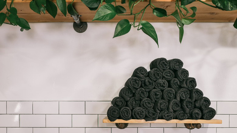 large pile of black towels stacked on a shelf on a tiled will with vined plants hanging over a larger shelf above the towels