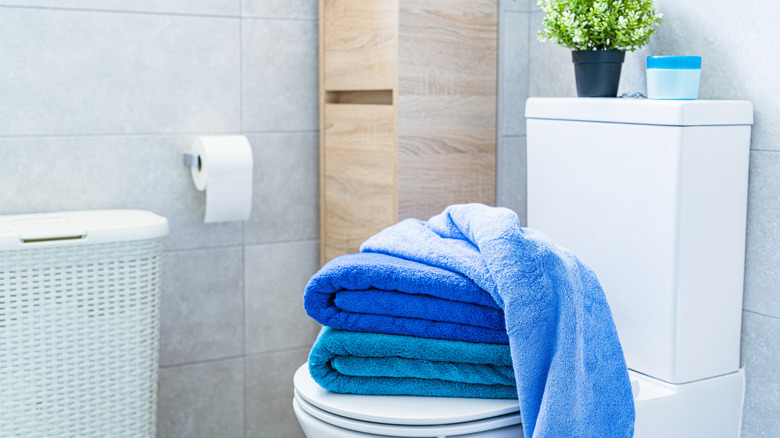 Two blue towels folded and sitting on a toilet in a light colored bathroom with natural light