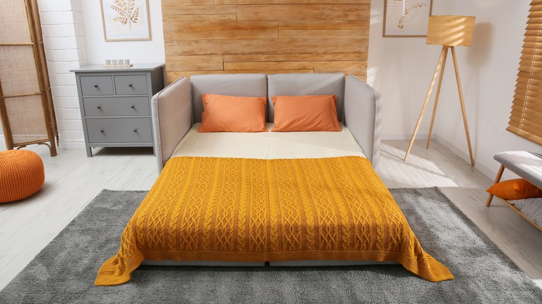 sleeper sofa with gold comforter 