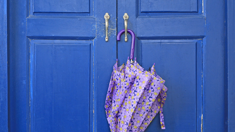 umbrella hanging from blue door