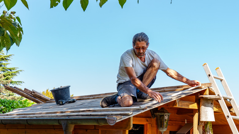 Man installing a roof on a backyard shed
