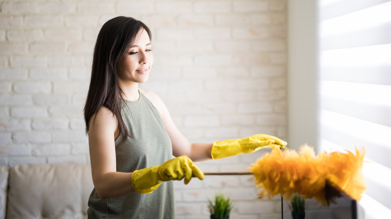 A woman dusting blinds